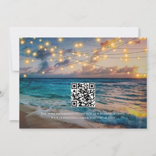 Elegante String Lights QR Code Sunset Beach Weddin Save The Date (Rückseite)
