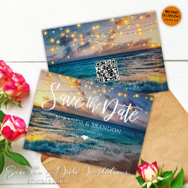 Elegante String Lights QR Code Sunset Beach Weddin Save The Date