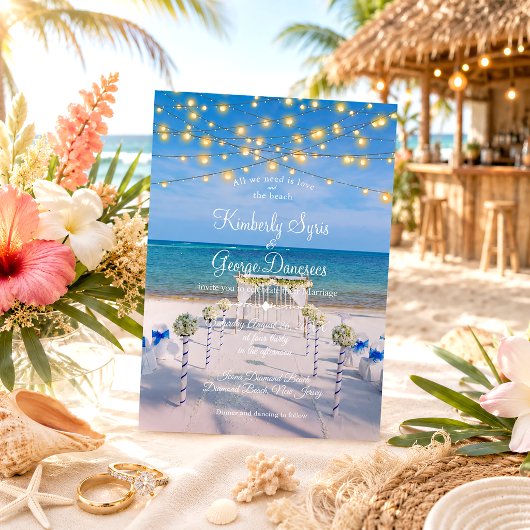 Elegante String Lights Summer Ocean Beach Wedding Einladung