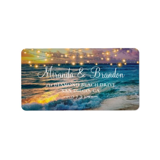 Elegante String Lights Summer Sunset Beach Wedding Adressaufkleber (Vorne)
