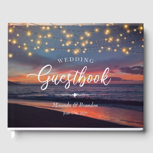 Elegante String Lights Summer Sunset Beach Wedding Gästebuch (Vorderseite)