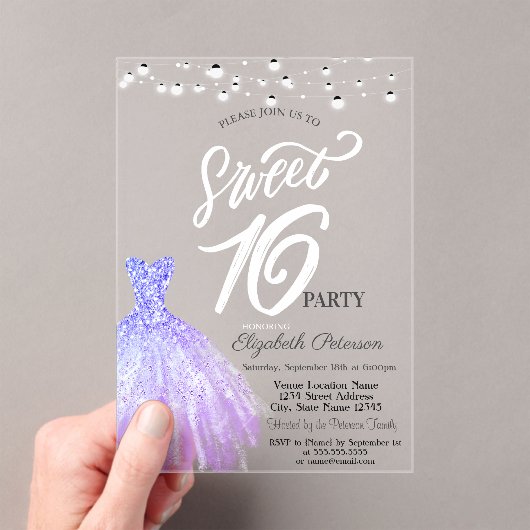 Elegante String Lights Violet Dress Sweet 16 Acryleinladungen (Insitu (Handheld))