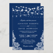 Elegante String Lights White Lace Navy Blue Weddin Einladung (Vorne/Hinten)