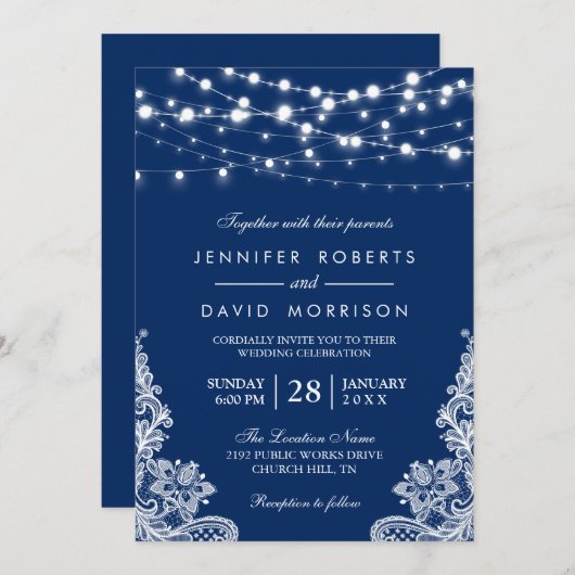 Elegante String Lights White Lace Navy Blue Weddin Einladung (Vorne/Hinten)