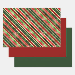 Elegante Stripes Gold Rote grüne Weihnachten Geschenkpapier Set