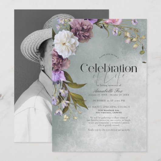 Elegante subtile Green Floral Beerdigung Gedenkstä Einladung (Vorne/Hinten)