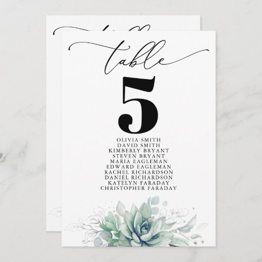Elegante Succulents Tischnummer Seating Chart (Vorne/Hinten)
