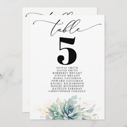 Elegante Succulents Tischnummer Seating Chart (Vorne/Hinten)