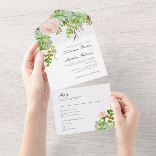 Elegante Sukkulente Rose Garden Boho Wedding All In One Einladung (Abreißen)