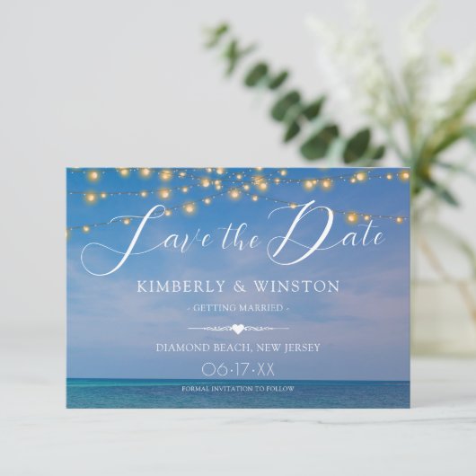 Elegante Summer Beach Wedding Save the Date Card (Stehend Vorderseite)