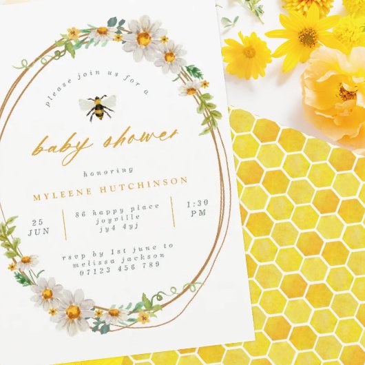 Elegante Summer Daisies und Bee Baby Shower Einladung