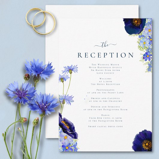 Elegante Summer Floral Blue Wedding Reception Begleitkarte
