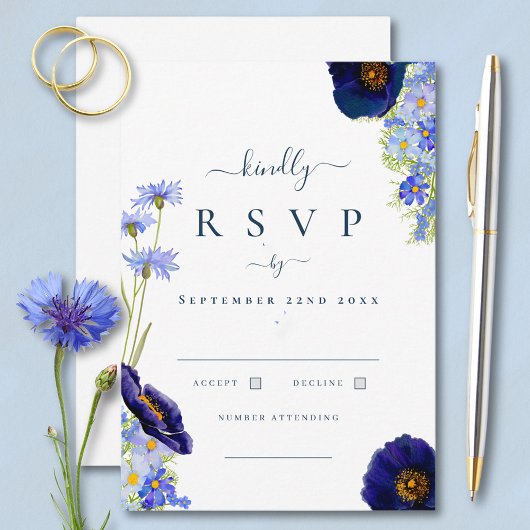 Elegante Summer Floral Blue Wedding Response RSVP Karte