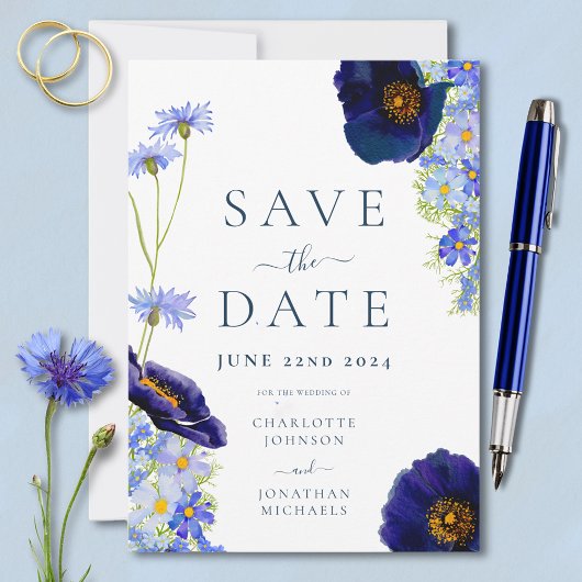 Elegante Summer Floral Blue Wedding Save The Date
