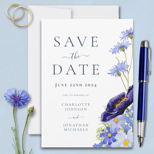 Elegante Summer Floral Blue Wedding Save The Date