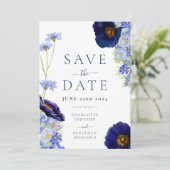 Elegante Summer Floral Blue Wedding Save The Date (Stehend Vorderseite)