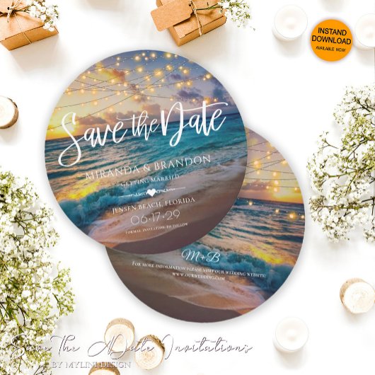 Elegante Summer Sunset Beach String Lights Hochzei Save The Date