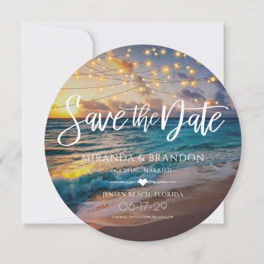 Elegante Summer Sunset Beach String Lights Hochzei Save The Date (Vorderseite)