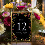 Elegante Summer Wildblume Black Wedding Tischnummer<br><div class="desc">Elegante Hochzeitskarten mit Tischnummer, Namen und Hochzeitsdatum in grüner Schrift, umgeben von Aquarellfarben, Blume und Blattwerk in goldgelben, rosa und lila Farbtönen mit schwarzem Hintergrund. Die Aquarell Wildblume Tischnummer Karten sind perfekt für Frühjahr und Sommer Hochzeiten. Um die Tischkarten zu bestellen: Fügen Sie Ihren Namen, Ihr Hochzeitstag und Ihre Tischnummer...</div>