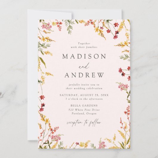 Elegante Summer Wildblume Frame Blush Wedding Einladung (Vorderseite)