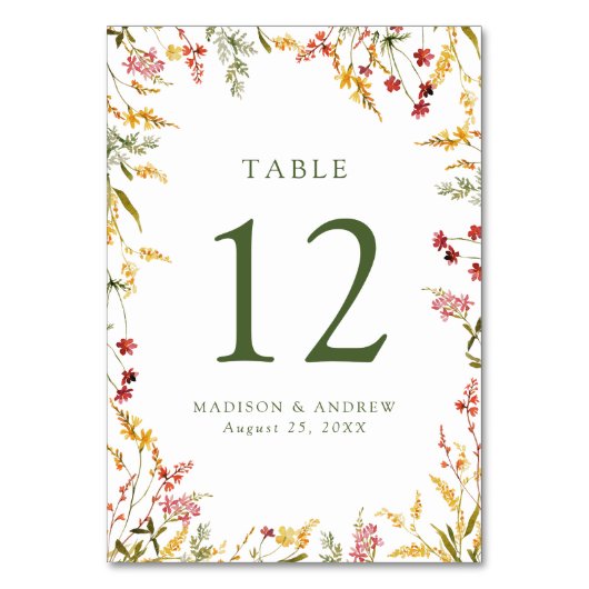 Elegante Summer Wildblume Wedding Tischnummer (Rückseite)