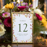 Elegante Summer Wildblume Wedding Tischnummer<br><div class="desc">Elegante Hochzeitskarten mit Tischnummer, Namen und Hochzeitstermin in grüner Schrift, umgeben von Aquarellfarben, Blume und Blattwerk in goldgelben, rosa und lila Farbtönen. Die Tischnummer ist in einer eleganten Wildblume. Die Aquarell Wildblume Tischnummer Karten sind perfekt für Frühjahr und Sommer Hochzeiten. Um die Tischkarten zu bestellen: Fügen Sie Ihren Namen, Ihr...</div>