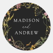 Elegante Summer Wildblume Wreath Black Wedding Runder Aufkleber (Vorderseite)
