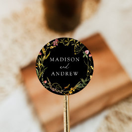 Elegante Summer Wildblume Wreath Black Wedding Runder Aufkleber