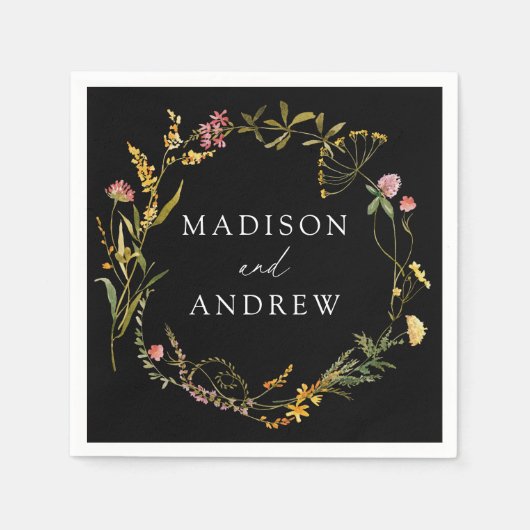 Elegante Summer Wildblume Wreath Black Wedding Serviette (Vorderseite)