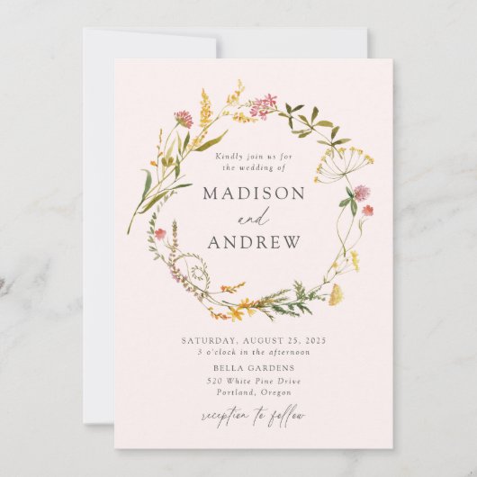 Elegante Summer Wildblume Wreath Blush Wedding Einladung (Vorderseite)