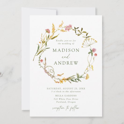 Elegante Summer Wildblume Wreath Wedding Einladung (Vorderseite)