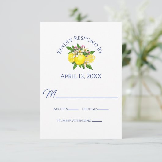 Elegante Summer Yellow Lemon Wedding RSVP Karte (Stehend Vorderseite)
