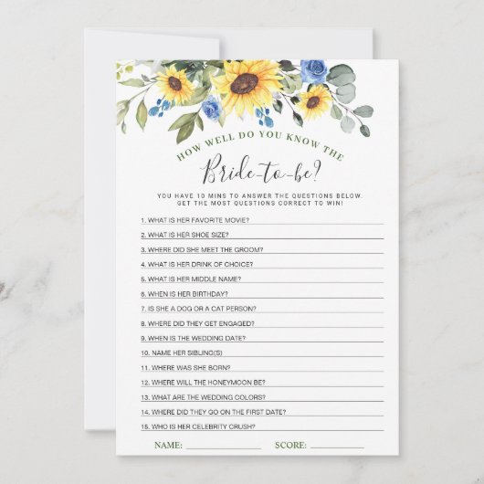 Elegante Sunflowers Brautparty Game Card Einladung (Vorderseite)