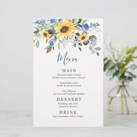 Elegante Sunflowers Eukalyptus Wedding Dinner Menü (Stehend Vorderseite)