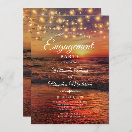 Elegante Sunset Beach Light Summer Engagement Part Einladung (Vorne/Hinten)