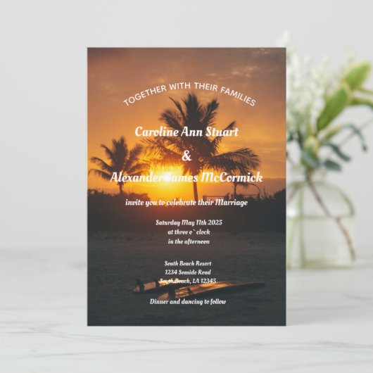 Elegante Sunset Beach Summer Nautical Wedding Invi Einladung (Stehend Vorderseite)