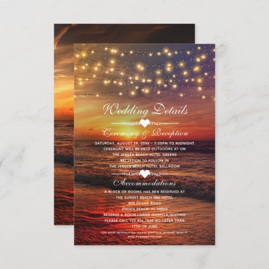 Elegante Sunset Beach Summer Wedding Details Card Einladung (Vorne/Hinten)