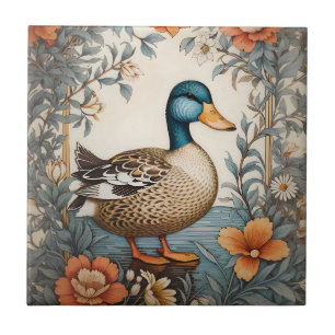 Elegante süße dicke Ente Vintage-Blumen Fliese