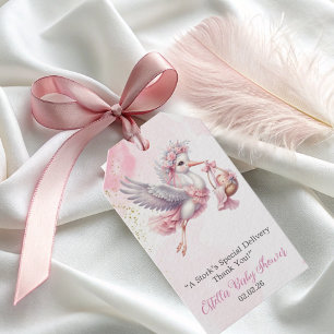 Elegante süße rosa Storch-Baby-Mädchen-Party Geschenkanhänger