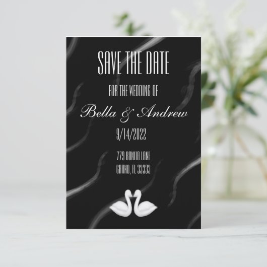 Elegante Swan Save the Date Card RSVP Karte (Stehend Vorderseite)
