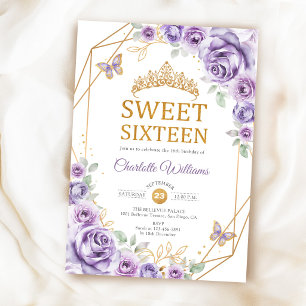 Elegante Sweet 16 Fliederlila Rosen Gold Einladung