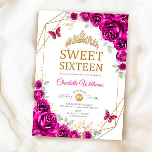 Elegante Sweet 16 Fuchsien-Rosa Rosen Gold Einladung