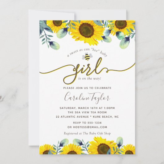 Elegante Sweet Bee Sunflowers Girl Baby Dusche Einladung (Vorderseite)