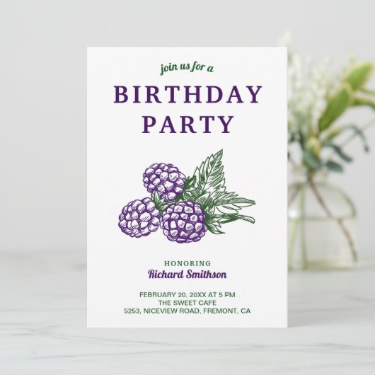 Elegante Sweet BlackBerry Birthday Party Einladung (Stehend Vorderseite)