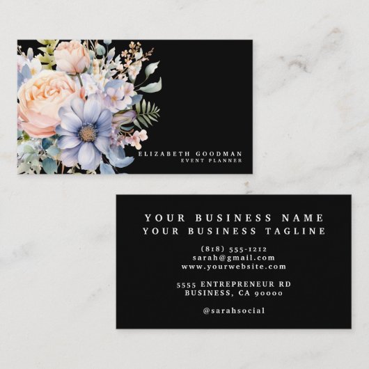 Elegante Sweet Blume Schwarze Visitenkarten Visitenkarte (Vorne/Hinten)