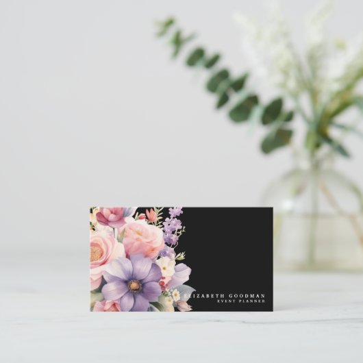 Elegante Sweet Blume Schwarze Visitenkarten Visitenkarte (Stehend Vorderseite)