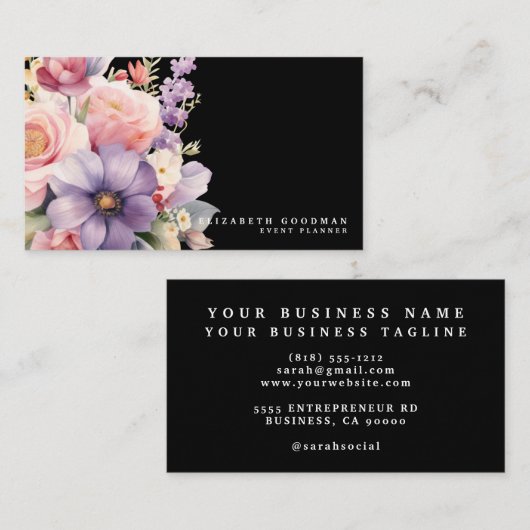 Elegante Sweet Blume Schwarze Visitenkarten Visitenkarte (Vorne/Hinten)