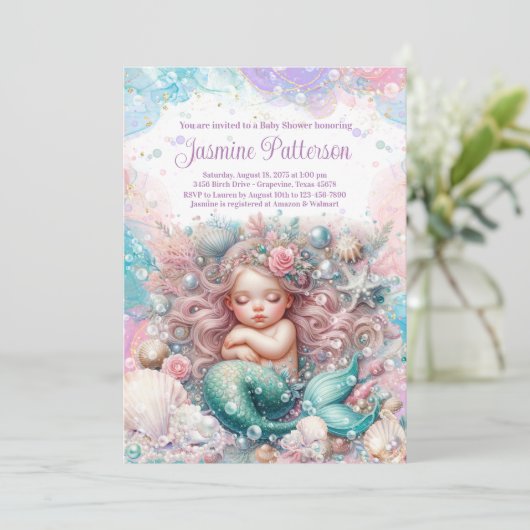 Elegante Sweet Sleeping Mermaid Baby Dusche Einladung (Stehend Vorderseite)