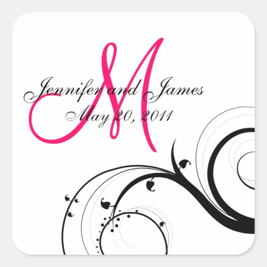Elegante Swirl Monogram Wedding Square Labels Quadratischer Aufkleber (Vorderseite)