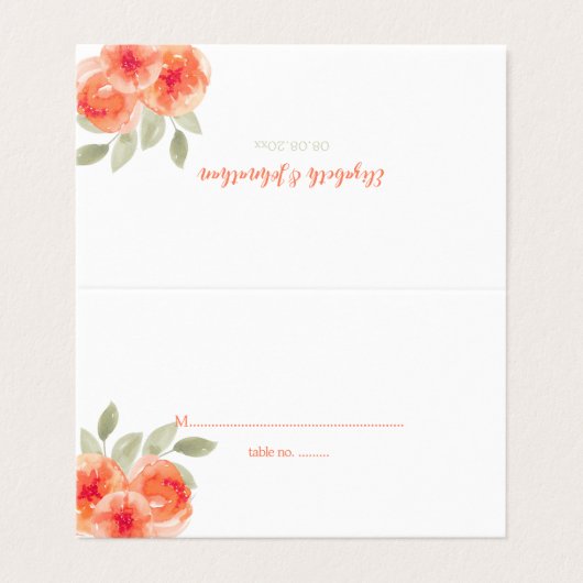 Elegante Tafelkarten für Wasserfarben Peach Peony Visitenkarten (Außenseite Aufgefaltet)